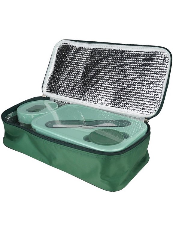 Ланч-бокс 1250 мл (с приборами, три отделения, отдел. для соуса) в термосумке, зеленый "Пастель"