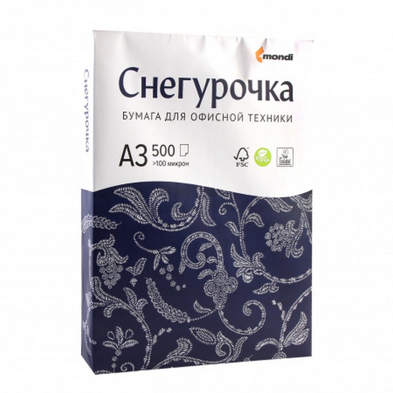 Бумага офисная Снегурочка А3, 80 г/м2, 146% CIE 96% ISO,толщ.106мкм,непрозр.91%, 500 л/пач.