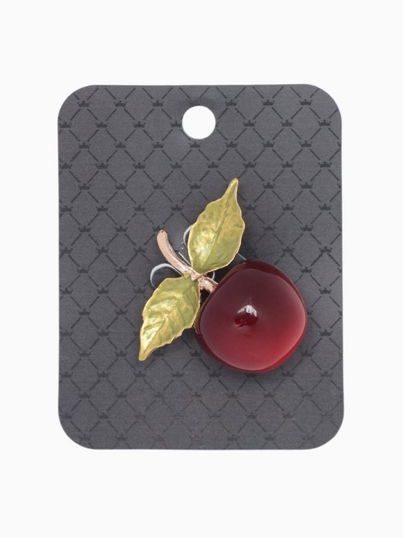 Брошь металл "Вишня" с листочками, красно-зелёная в золоте