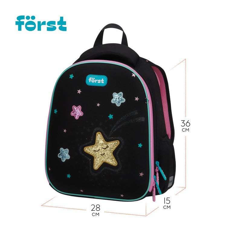 Рюкзак каркасный для девочки Forst F-Top "Stars" 28*36*15 см черный/розовый, облегченный