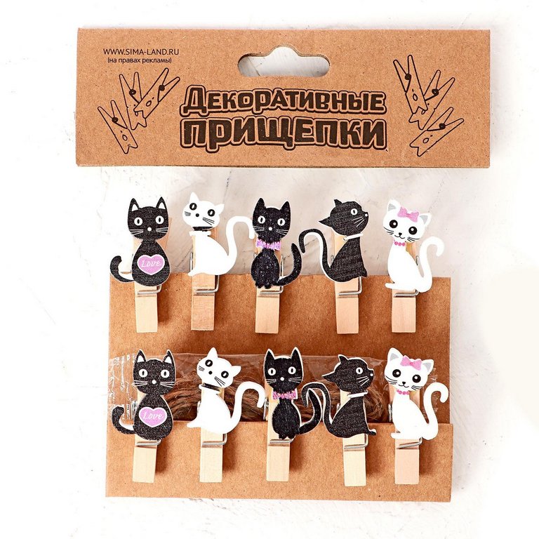 Прищепки деревянные с декором "Кошечки" (10 шт/уп)
