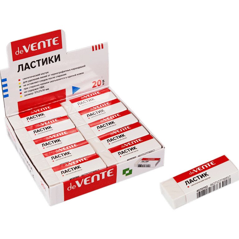 Ластик deVENTE  61*22*12 мм, прямоугольный, белый, в картонном футляре, dust-free