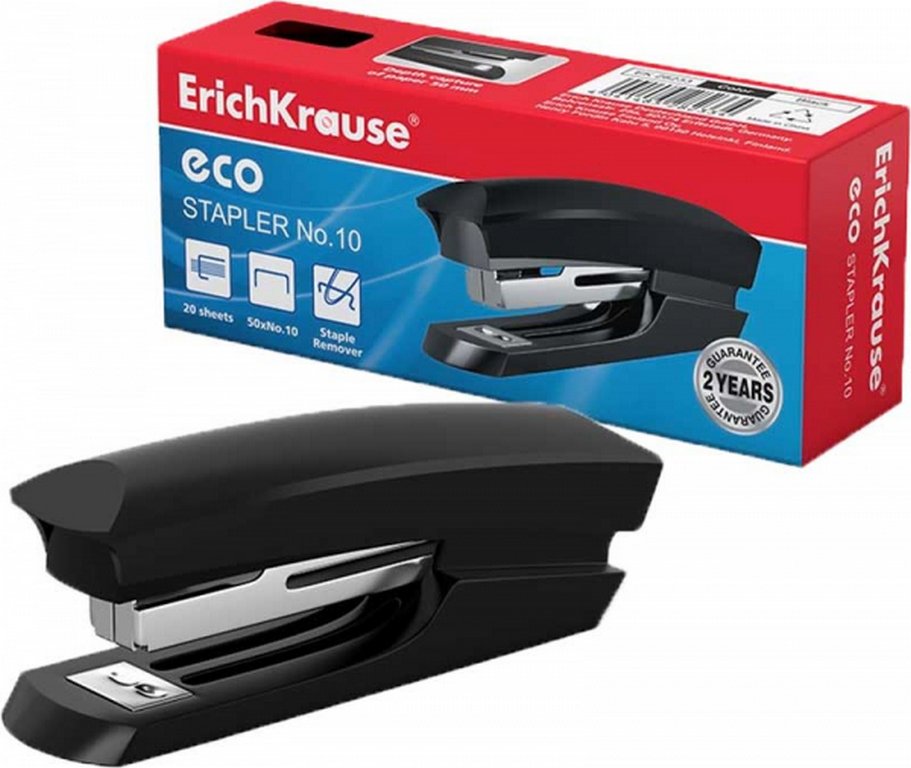 Степлер № 10 до 20л Erich Krause ECO черный с антистеплером (глубина 50мм)