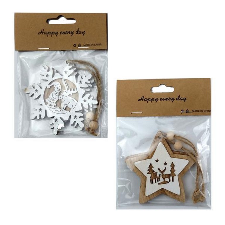 Украшение елочное из дерева "Звезда/Снежинка" ассорти 2шт/уп