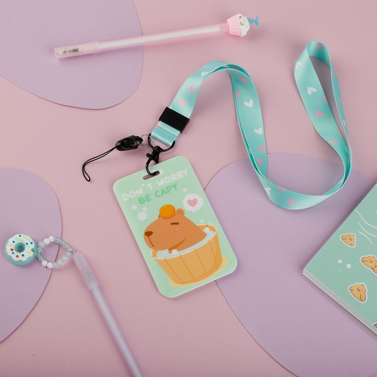 Бейдж школьный вертикальный 70*110мм  на бирюзовой ленте 45см с карабином MESHU