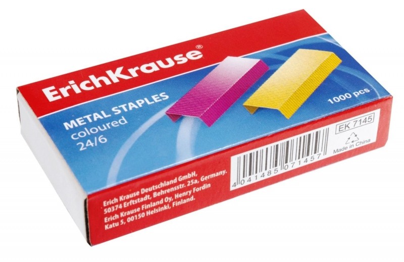 Скобы 24/6 Erich Krause 1000 шт/уп, цветные, до 30 листов