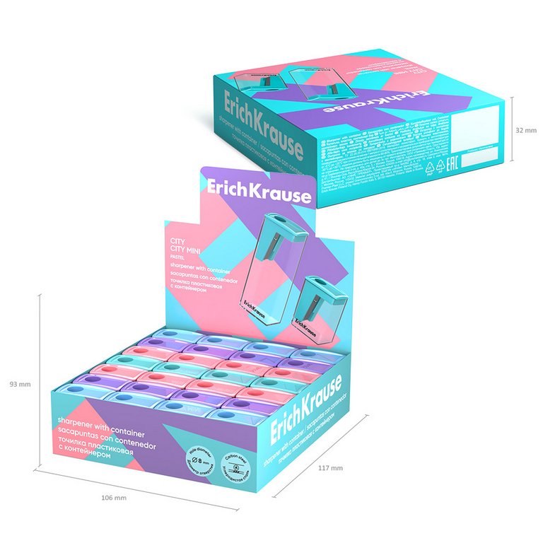 Точилка с контейнером ErichKrause "City Mini. Pastel" ассорти