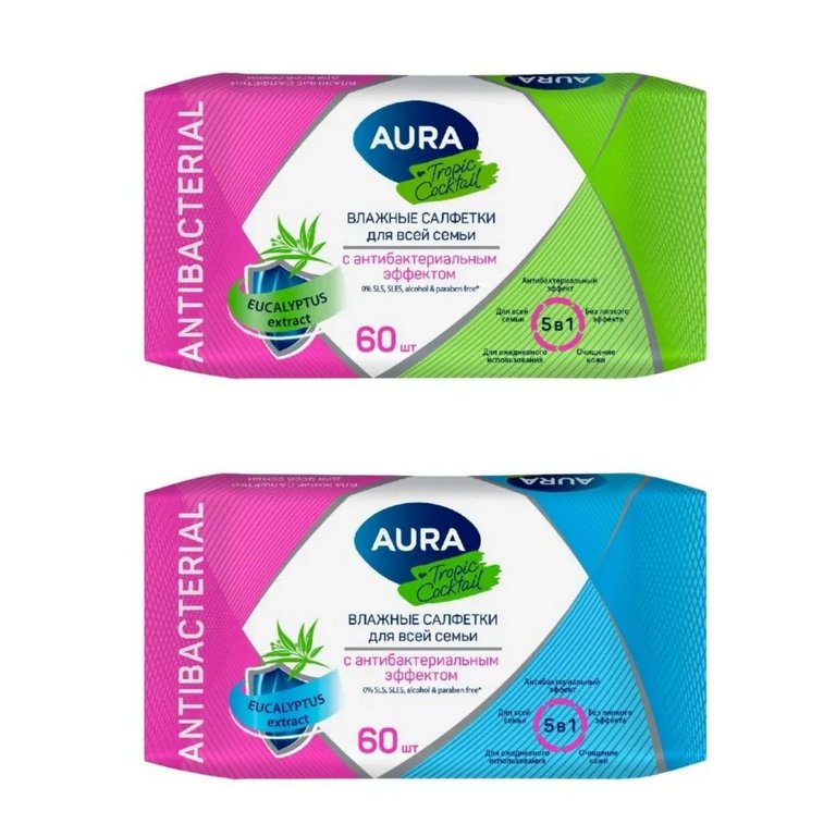 Салфетки влажные  60шт/уп Aura "Tropic Cocktail" с антибак. эффектом