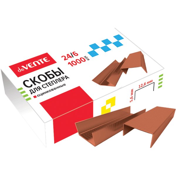 Скобы 24/6 deVENTE 1000 шт/у, омедненные, до 30 листов