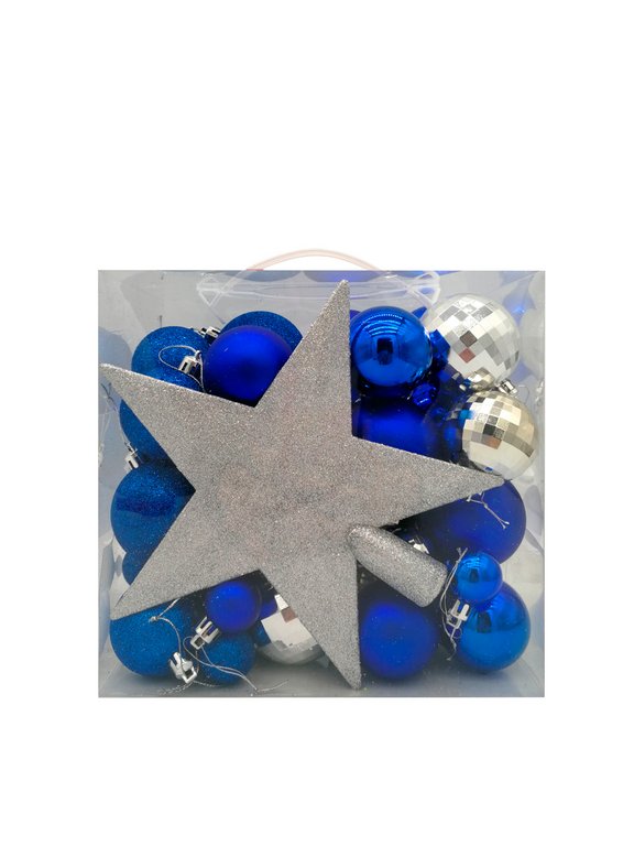 Набор шаров  цвет ассорти  50 шт (60мм 17шт, 50мм 17шт, 30мм 15шт) + звезда (20см) цв.иний/серебро