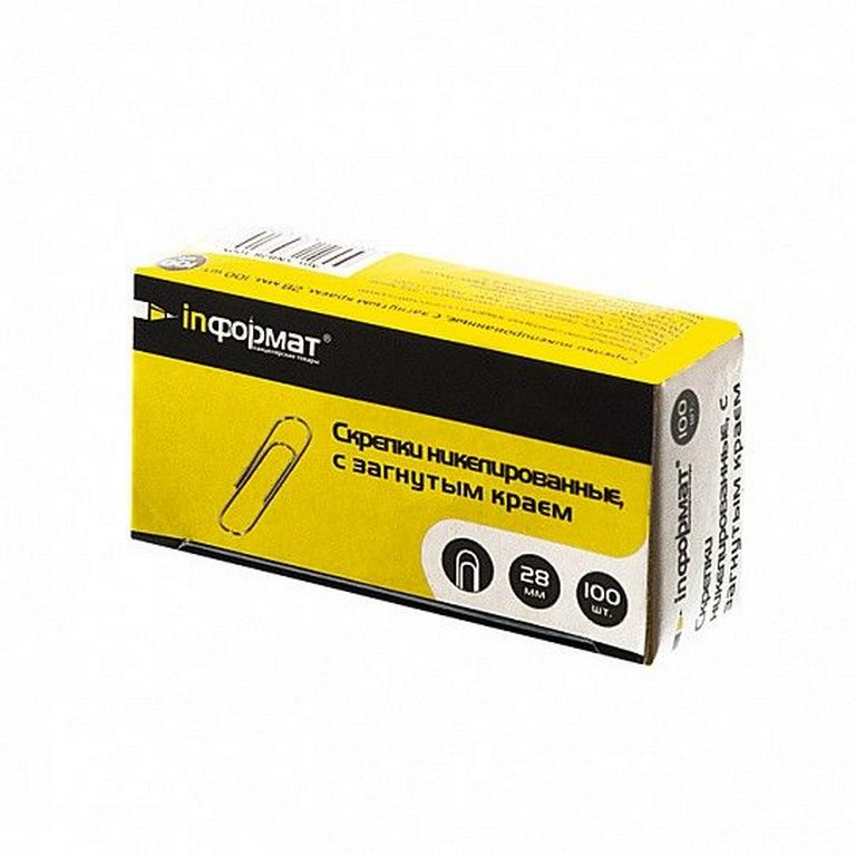 Скрепки 28 мм 100 шт/уп никелированные с загнут. краем inФОРМАТ