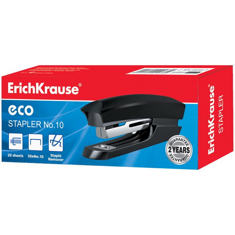 Степлер № 10 до 20л Erich Krause ECO черный с антистеплером (глубина 50мм)