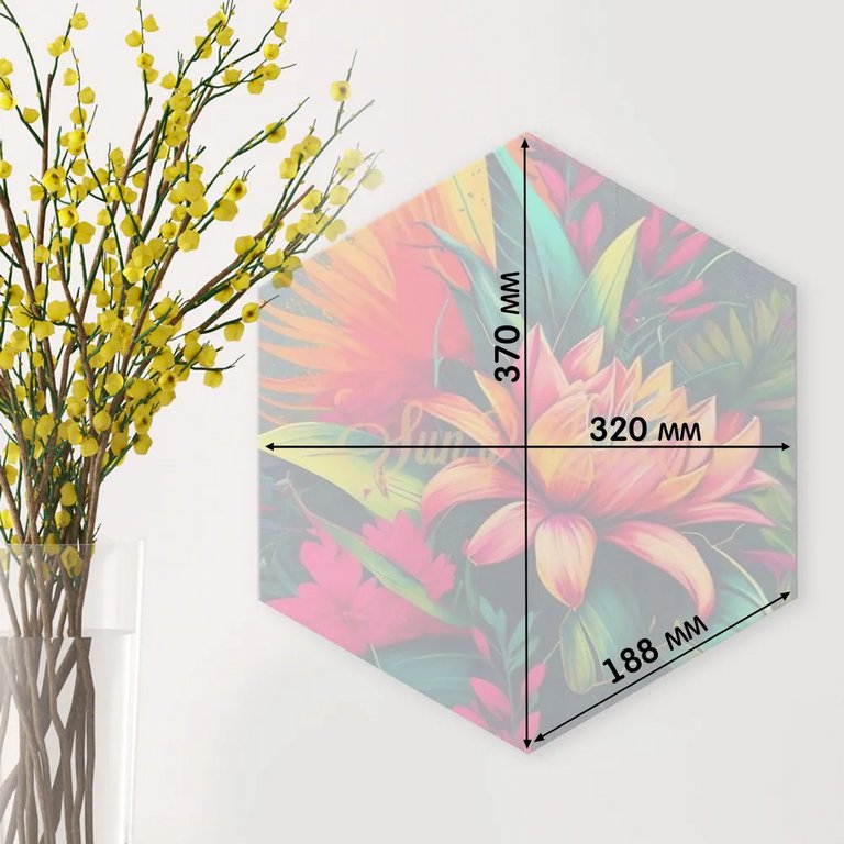 Роспись по номерам (холст) 37*32см Гексагон с поталью "Тропические цветы" (осн+акрил.кр.+кисти)