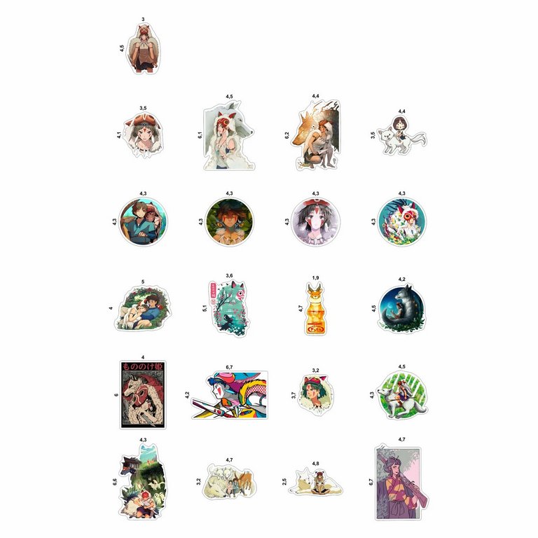 Набор наклеек  4 листа "Принцесса Мононоке" (21 шт) Nalepking