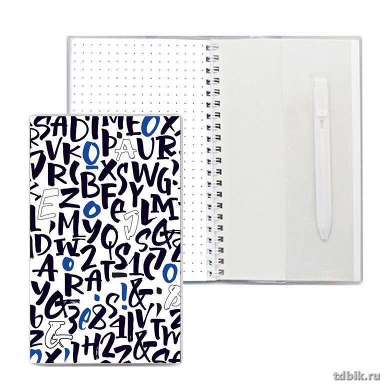 Блокнот А7  48л., 110*95 мм, на гребне в точку "Шрифт" + ручка