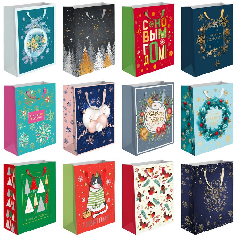 Пакет бумажный НГ 20*24см матовый (ассорти) тиснение фольгой