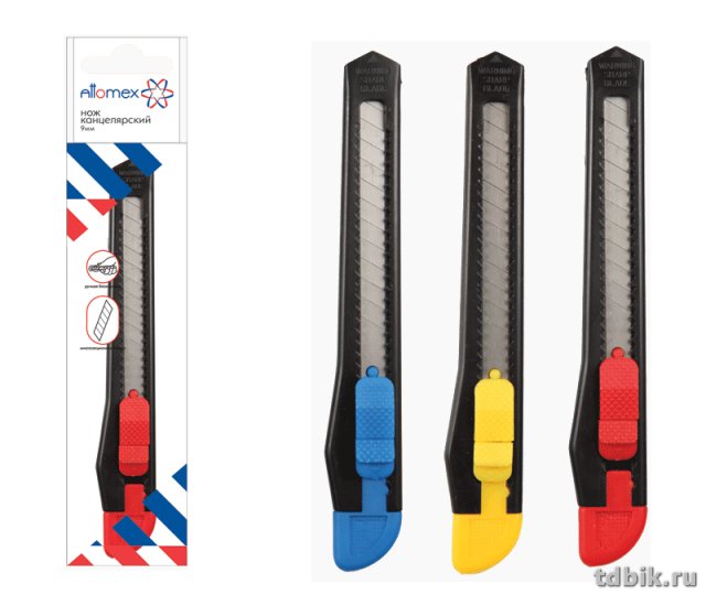 Нож канцеляр. шир. 0,9 см, длина 13,5 см, пласт. Attomex