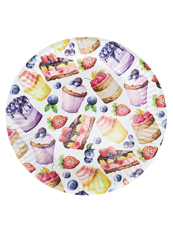 Набор одноразовой посуды картон на 6 персон "Вкусняшки" (6 стаканов + 6 тарелок + 6 колпаков)