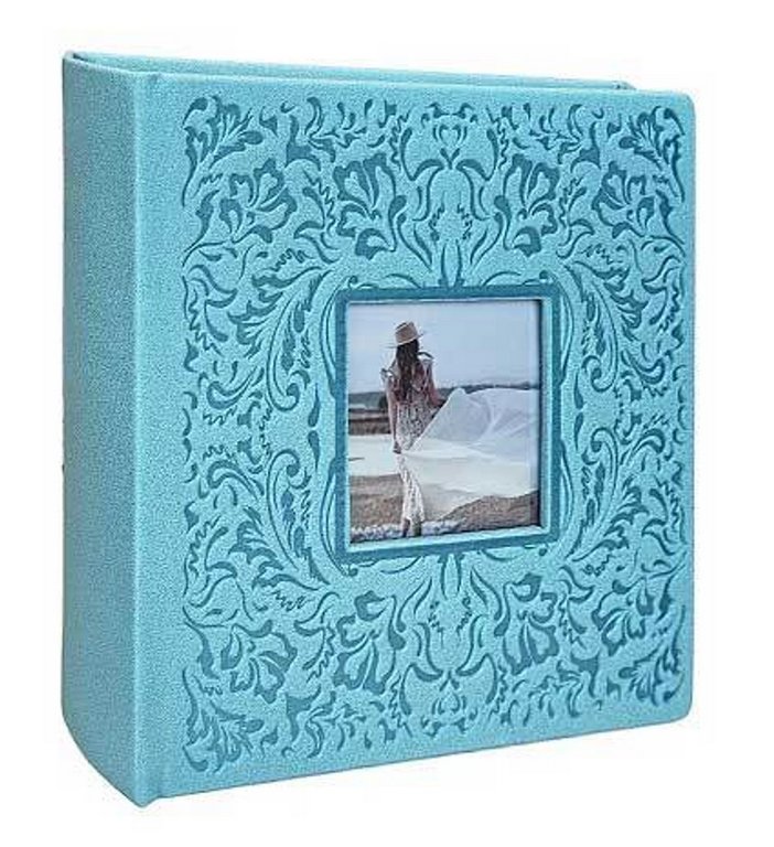 Фотоальбом 200 фото 10*15см "Делюкс" ПП карман с окном, голубой под замшу 23*22 см