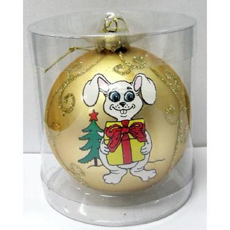 Елочный шар стеклянный  80мм "Заяц с подарком" в тубе
