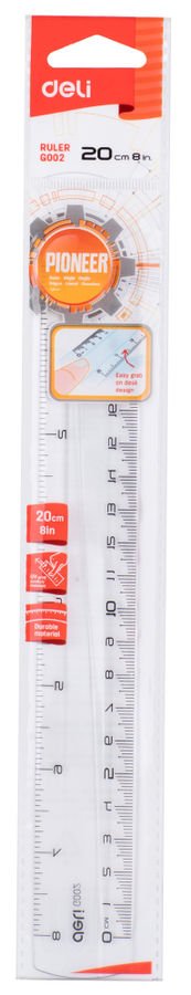 Линейка 20 см. (8 in) две шкалы, пласт. прозрачная Deli "Pioneer"