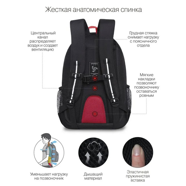 Рюкзак школьный для мальчика Grizzly 40*27*20 см, черный/серый