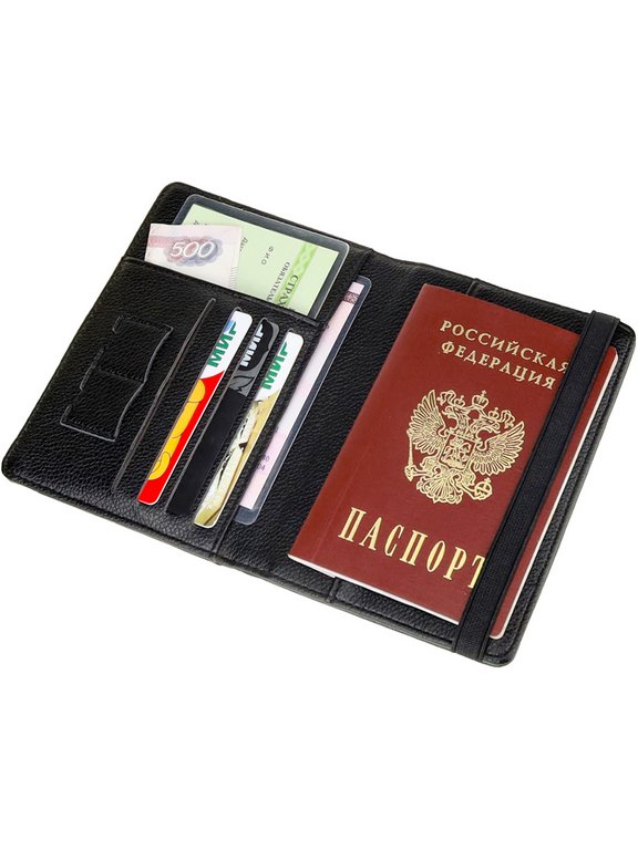 Обложка для паспорта MILAND "Рейс" с отделениями для карт на резинке кожзам, черная