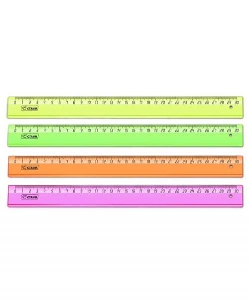Линейка 30 см. пласт. прозрачная. Стамм неоновые цвета, ассорти