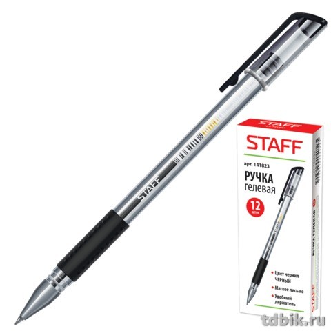 Ручка гелевая STAFF резин. упор 0,5мм черная (стерж.130мм, линия 0,35мм)