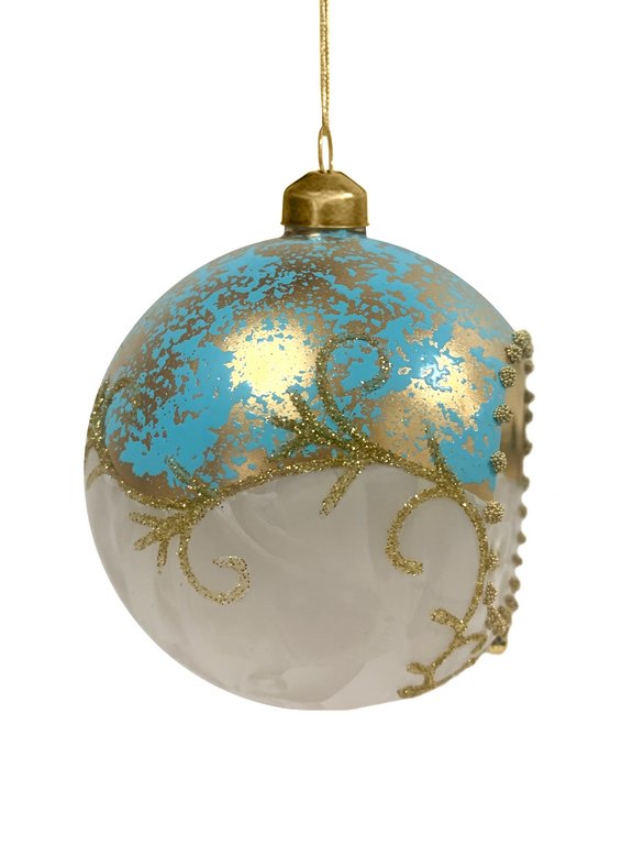 Елочный шар стеклянный  80мм (бело-бирюзовый с рисунком) в картонной коробке