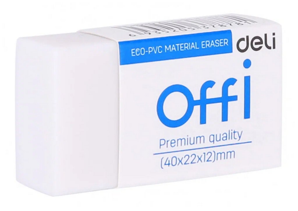 Ластик Deli Offi 40x22x12мм, в картонном футляре, белый