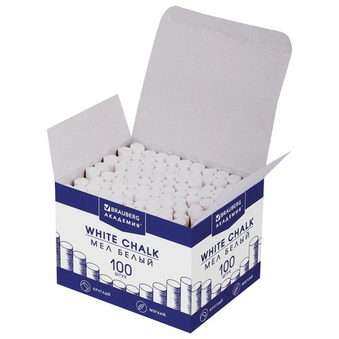 Мел школьный белый 100шт. BRAUBERG "АКАДЕМИЯ" круглый мягкий
