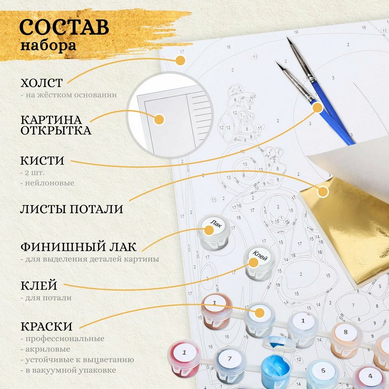 Роспись по номерам (холст) 15*20см с поталью "Тропические листья" (основа, акрил. краски, кисти)