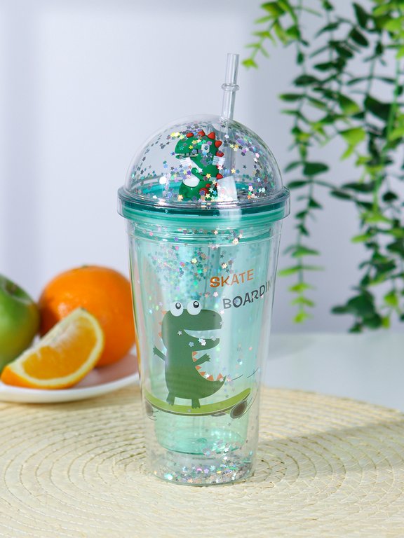Стакан с трубочкой и крышкой, 450мл "Динозаврик и скейтборд"
