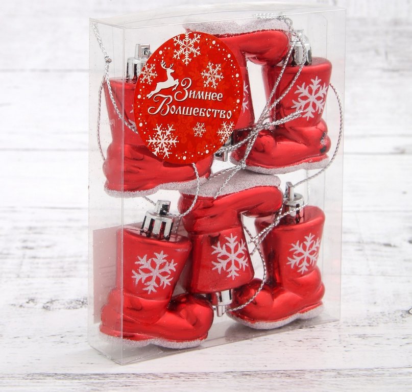 Набор украшений из пластика "Сапожок со снежинкой" 4х4 см, 6 шт/уп, цв. красный