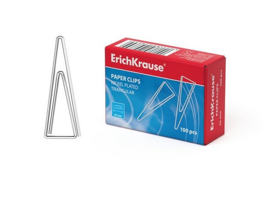 Скрепки 25 мм 100 шт/уп никелированные треугольные Erich-Krause