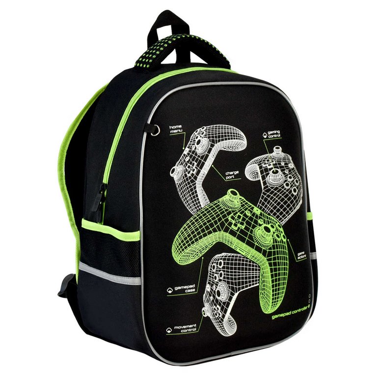 Рюкзак каркасный для мальчика Феникс+ "ДЖОЙСТИКИ" 37,5*27,5*14,5 см, черный/зеленый