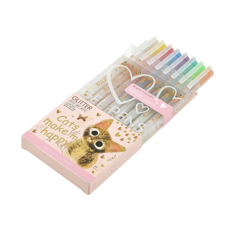 Набор гелевых ручек  8 шт. UniWrite GLITTER "Милый котик" с блестками