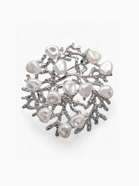 Брошь металл "Жемчужная россыпь" белая в серебре