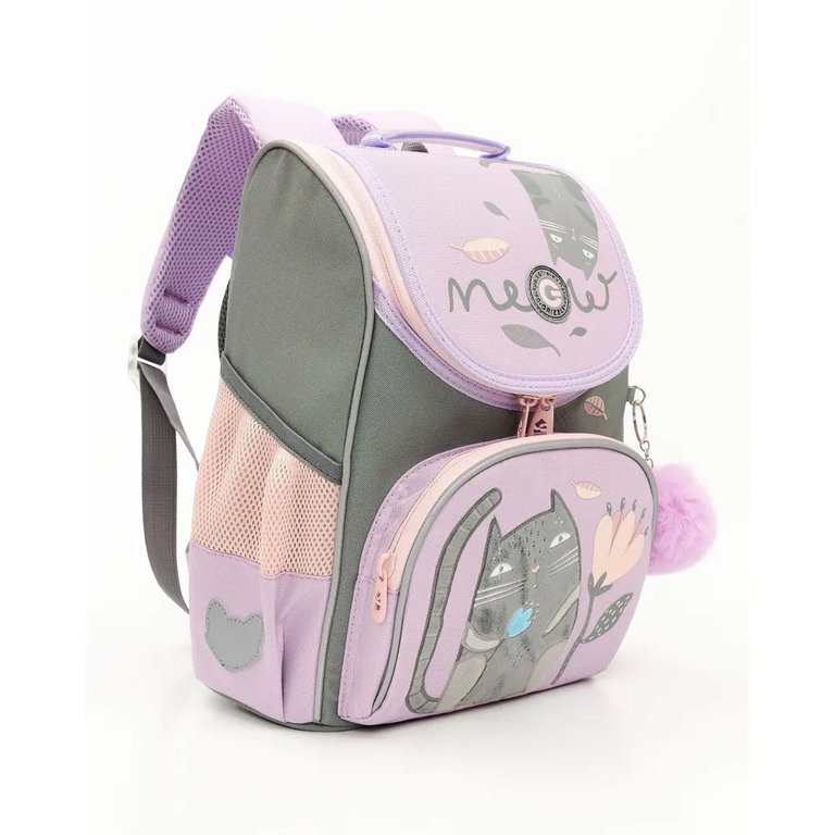 Ранец для девочки Grizzly + сумка д/обуви, 25*33*13см., лаванда/серый