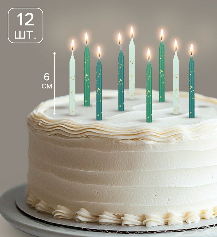 Свечи для торта "Бирюзовый микс" 12 шт/уп, h=6см