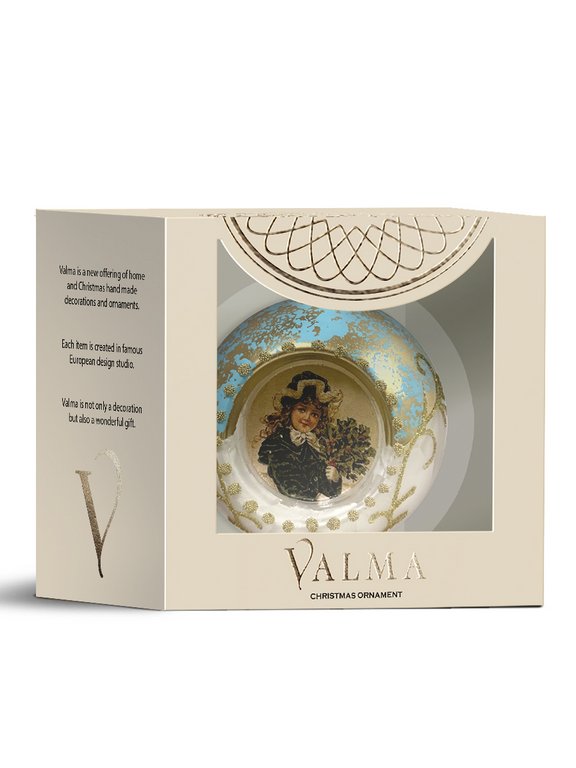 Елочный шар стеклянный  80мм (бело-бирюзовый с рисунком) в картонной коробке