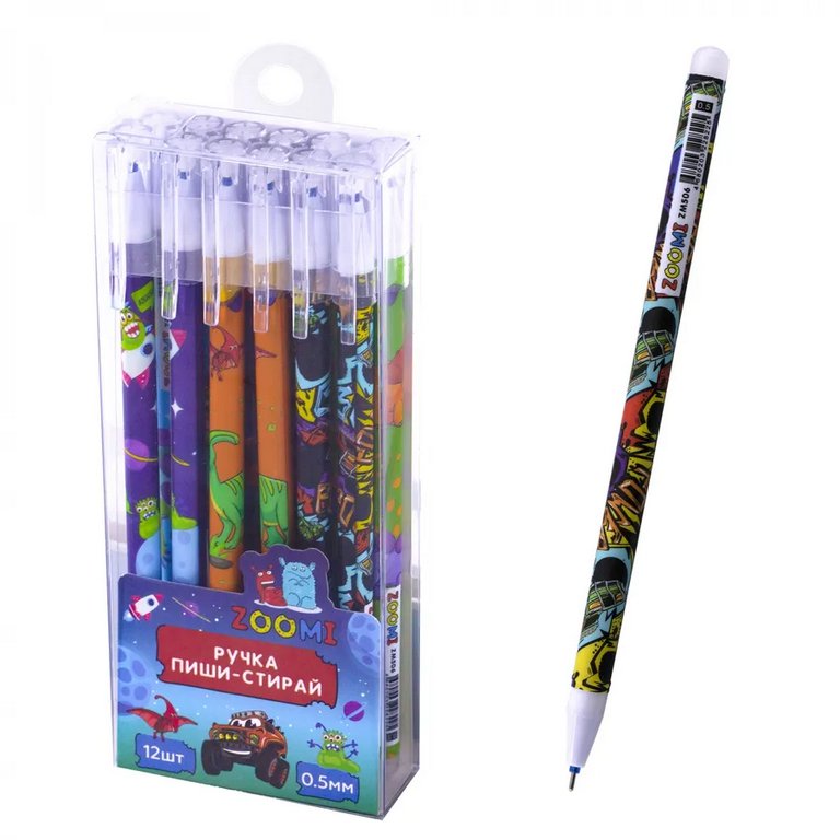 Ручка пиши-стирай гелевая "Машинки" Zoomi синяя 0,5мм