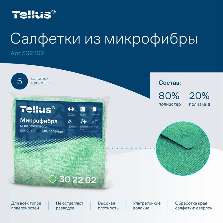 Салфетка для уборки помещений (микрофибра) 35*35см, Tellus зеленый