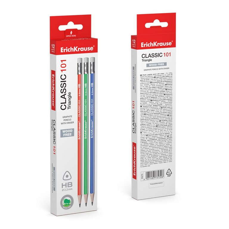 Карандаш ч/г HB пласт. корпус трехгранный ErichKrause "Classic triangle" с ластиком ассорти
