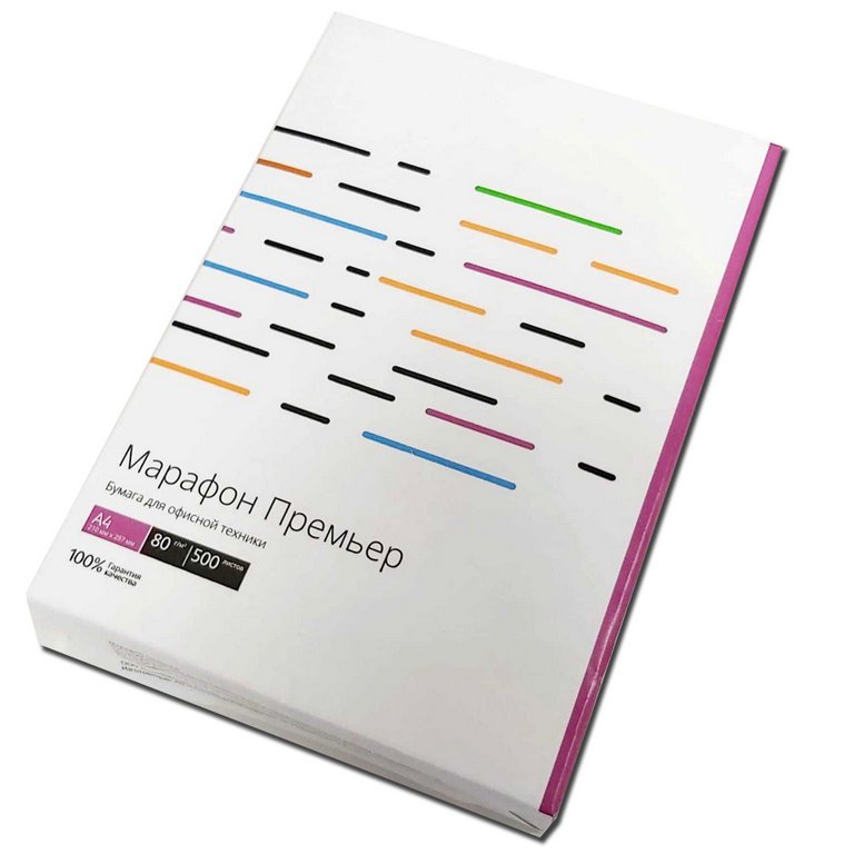 Бумага офисная Марафон Премьер А4, 80 г/м2, 162%±2 CIE, 110% ISO, толщ.110мкм, непр.93%, 500 л/пач.