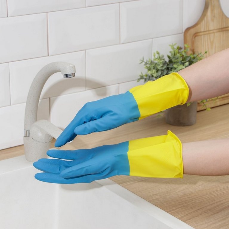 Перчатки латексные без х/б напыления, Komfi, размер S, синий+желтый, 47 гр. (в инд. упак.)