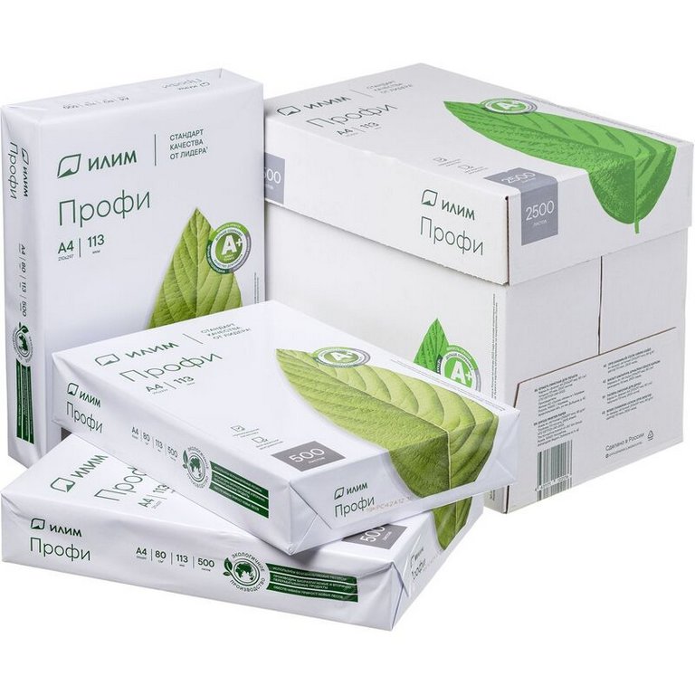 Бумага офисная Илим Профи А4, 80 г/м2, 168% CIE, толщ.113мкм, непрозр. 94%, 500 л/пач.