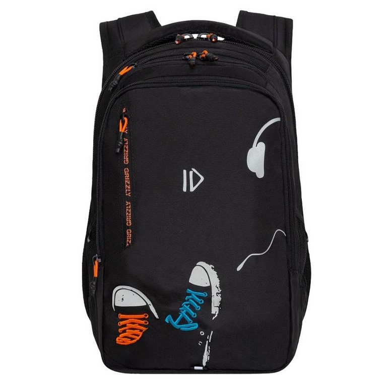 Рюкзак школьный для мальчика Grizzly 31*42*22 см, черный/оранжевый