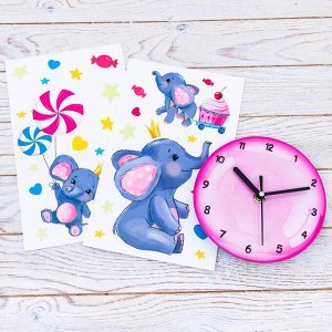 Часы настенные круглые с наклейками "Слонята" d=15см, для украшения детской комнаты
